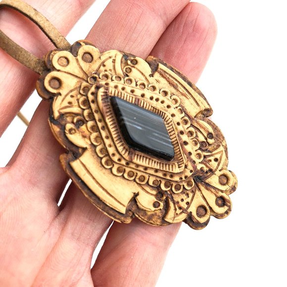 Birch Bark, Black Sardonyx, and Leather Necklace - Picture 9 of 9